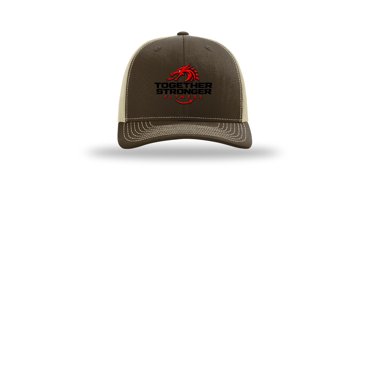 togetherstrongerfitness-richardson-trucker-cap-embroidery-capfront-R112-brownkhaki-flat-front