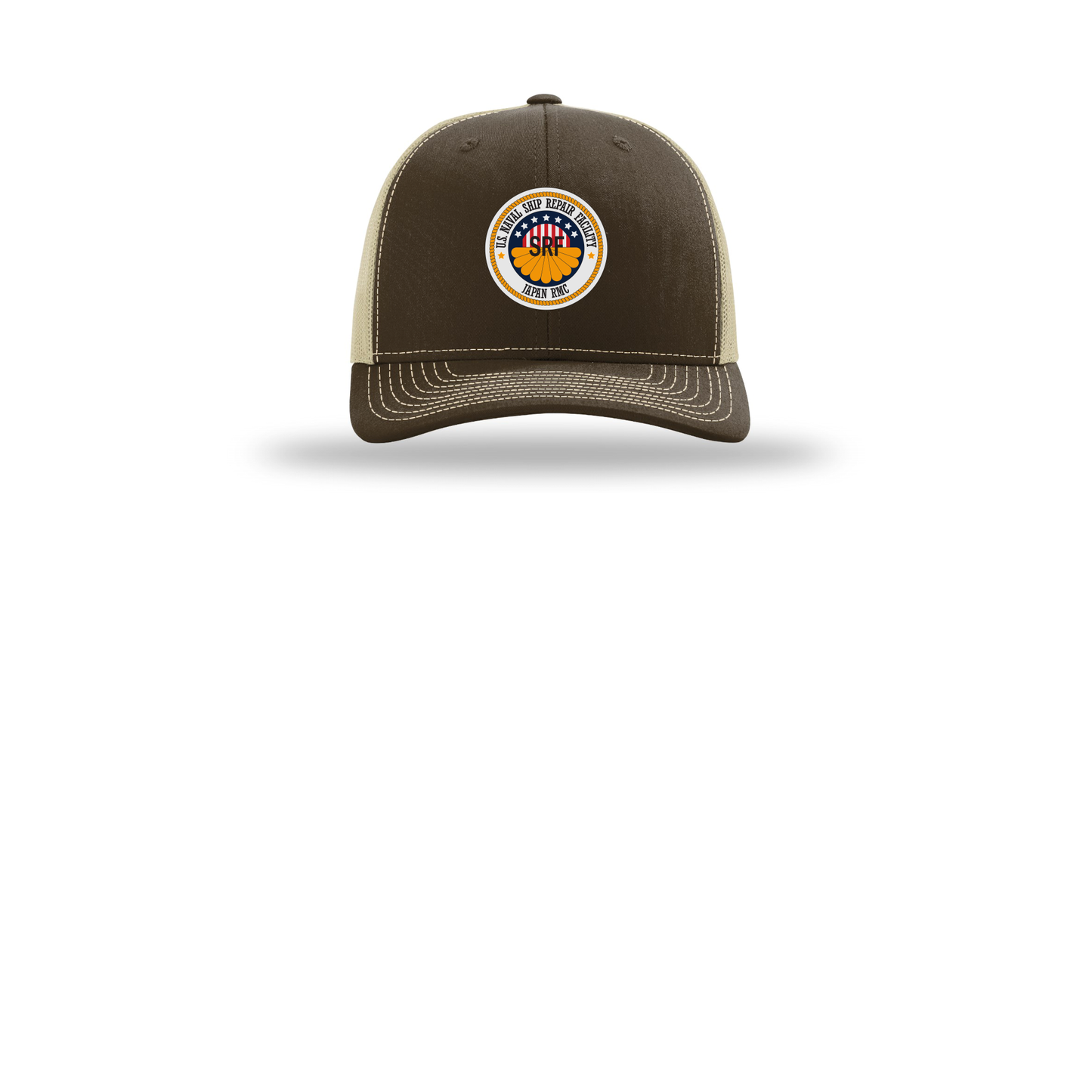 srf-jrmc-richardson-trucker-cap-embroidery-capfront-R112-brownkhaki-flat-front