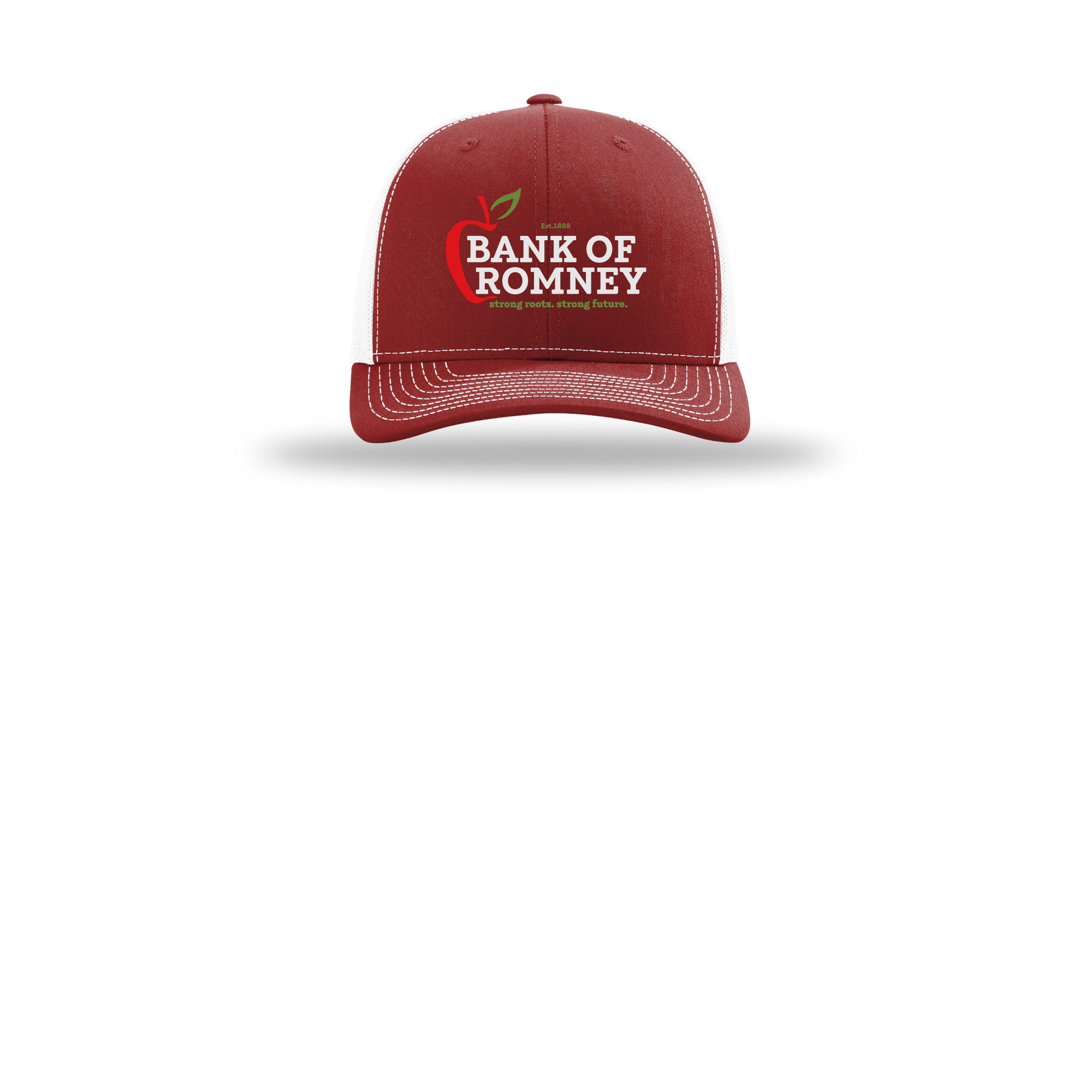 bankofromney-richardson-trucker-cap-embroidery-capfront-R112-cardinalwhite-flat-front