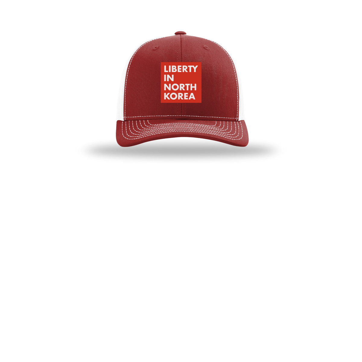 libertyinnorthkorea-richardson-trucker-cap-embroidery-capfront-R112-cardinalwhite-flat-front