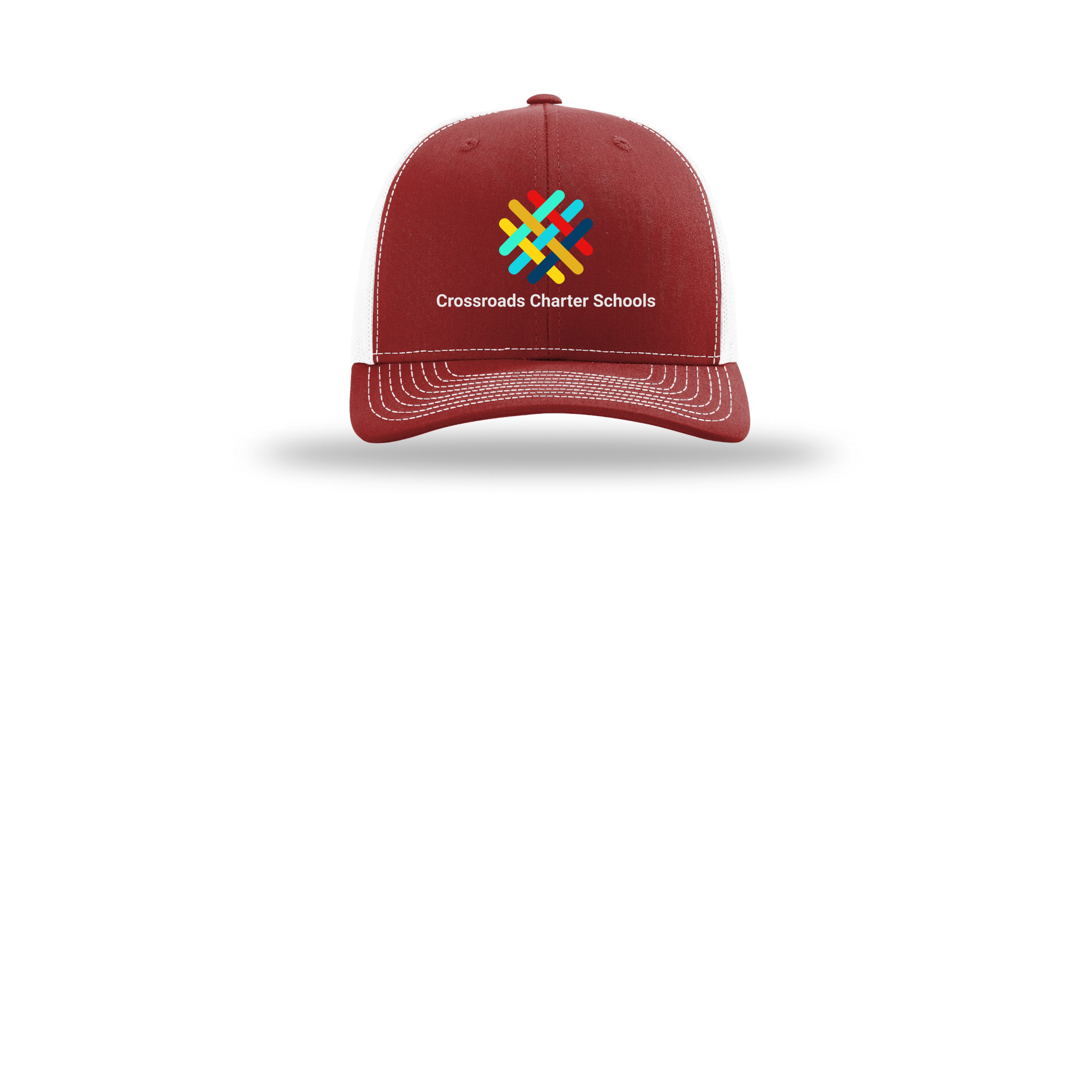 crossroadsschoolskc-richardson-trucker-cap-embroidery-capfront-R112-cardinalwhite-flat-front