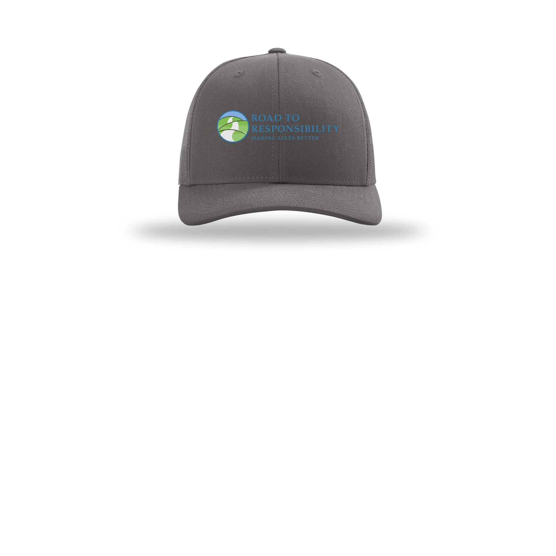 roadtoresponsibility-richardson-trucker-cap-embroidery-capfront-R112-charcoal-flat-front