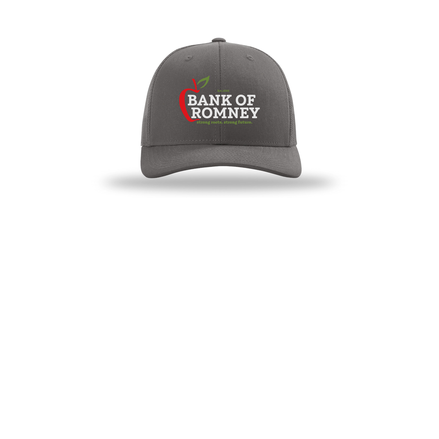 bankofromney-richardson-trucker-cap-embroidery-capfront-R112-charcoal-flat-front