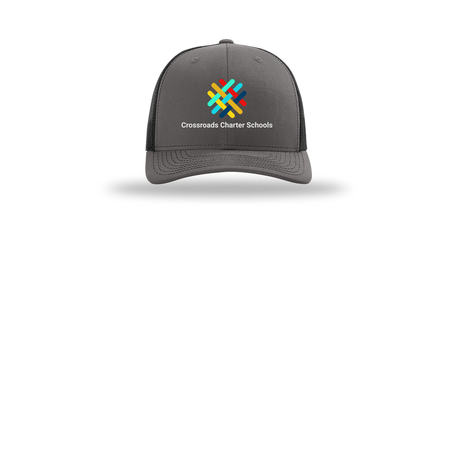 crossroadsschoolskc-richardson-trucker-cap-embroidery-capfront-R112-charcoalblack-flat-front