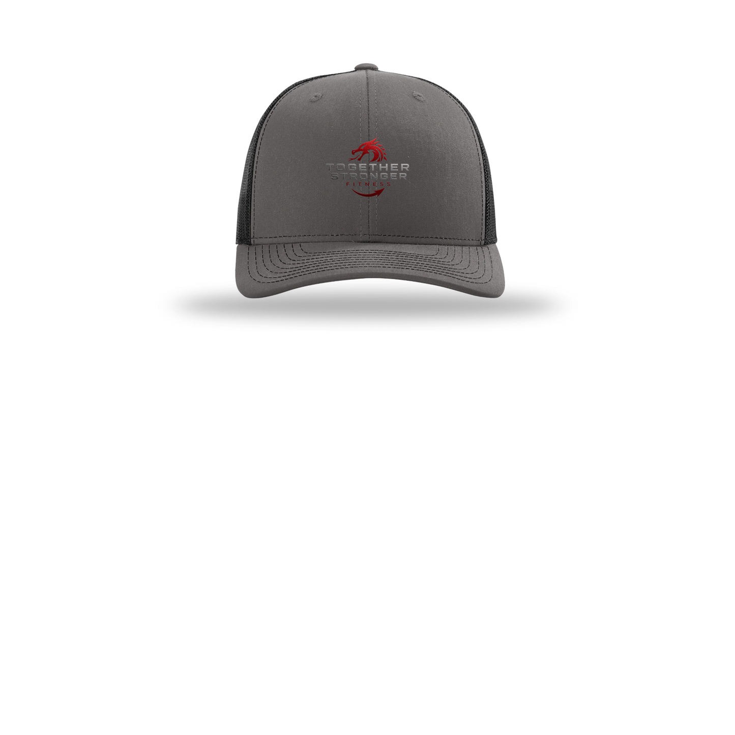 togetherstrongerfitness-richardson-trucker-cap-embroidery-capfront-R112-charcoalblack-flat-front