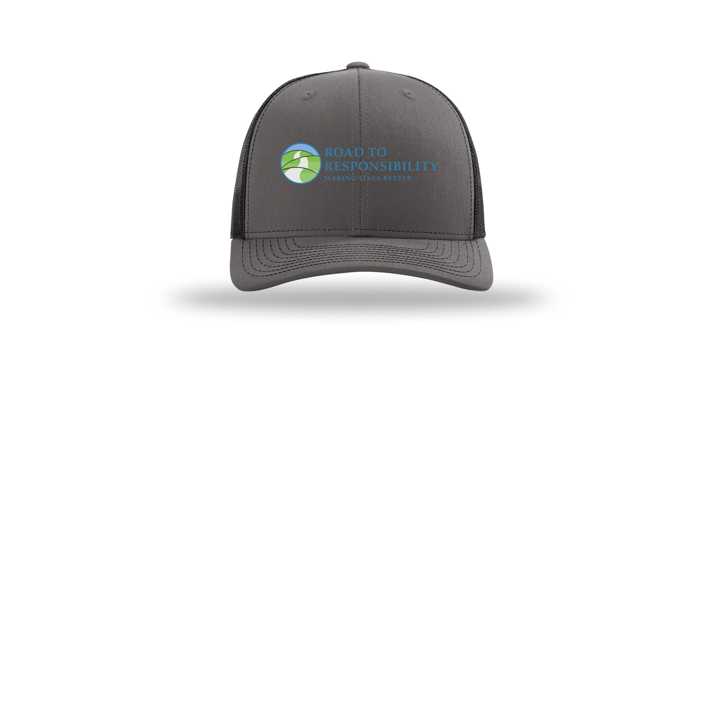 roadtoresponsibility-richardson-trucker-cap-embroidery-capfront-R112-charcoalblack-flat-front