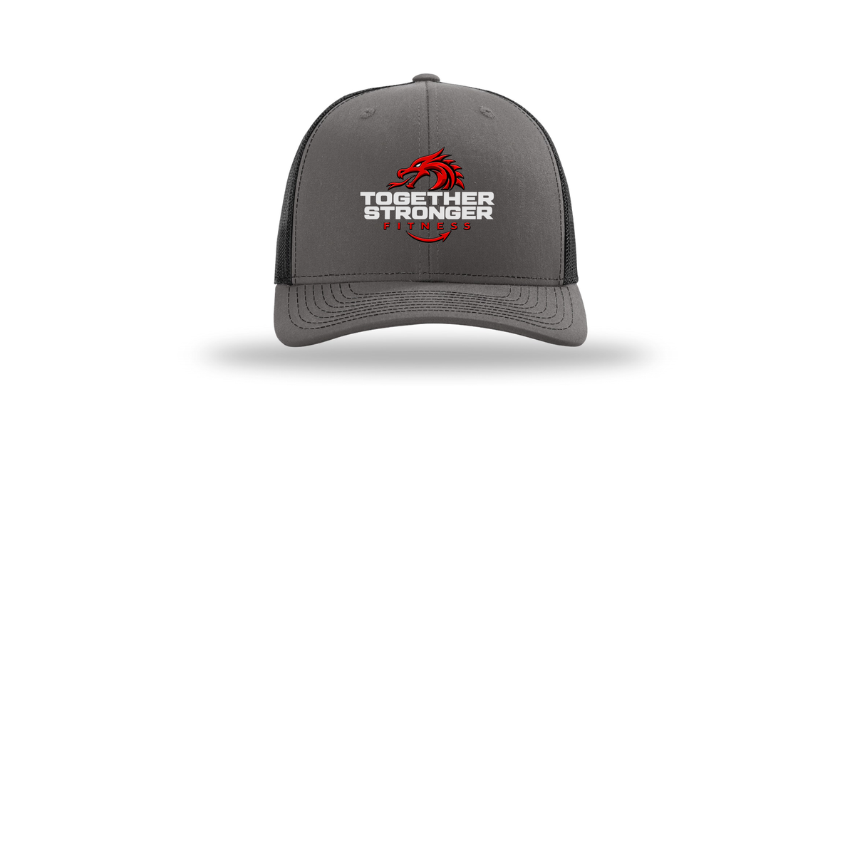 togetherstrongerfitness-richardson-trucker-cap-embroidery-capfront-R112-charcoalblack-flat-front
