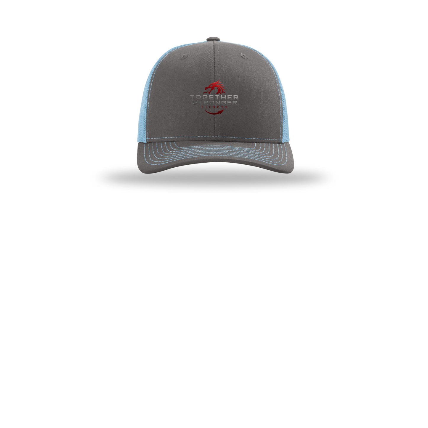 togetherstrongerfitness-richardson-trucker-cap-embroidery-capfront-R112-charcoalcolumbiablue-flat-front