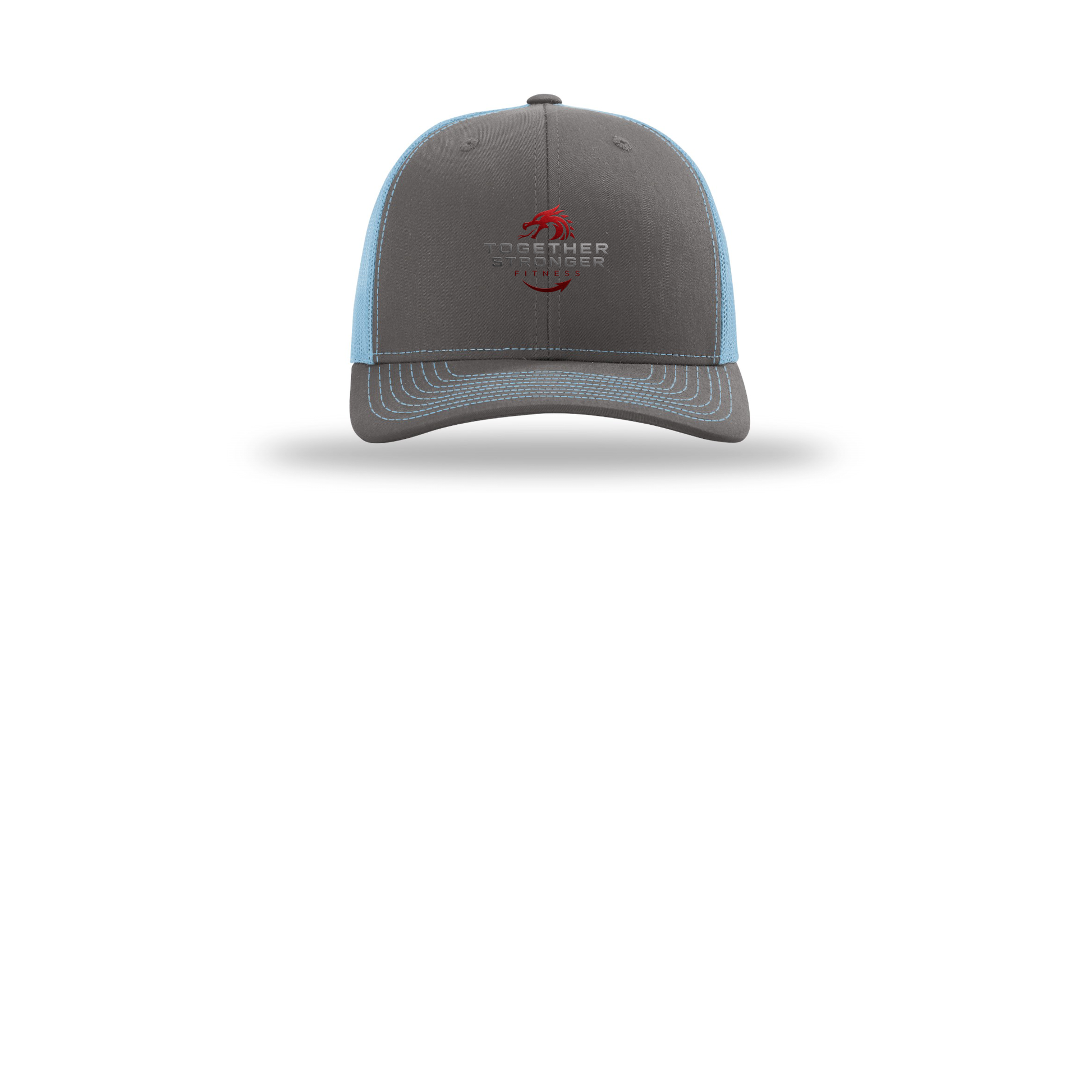 togetherstrongerfitness-richardson-trucker-cap-embroidery-capfront-R112-charcoalcolumbiablue-flat-front