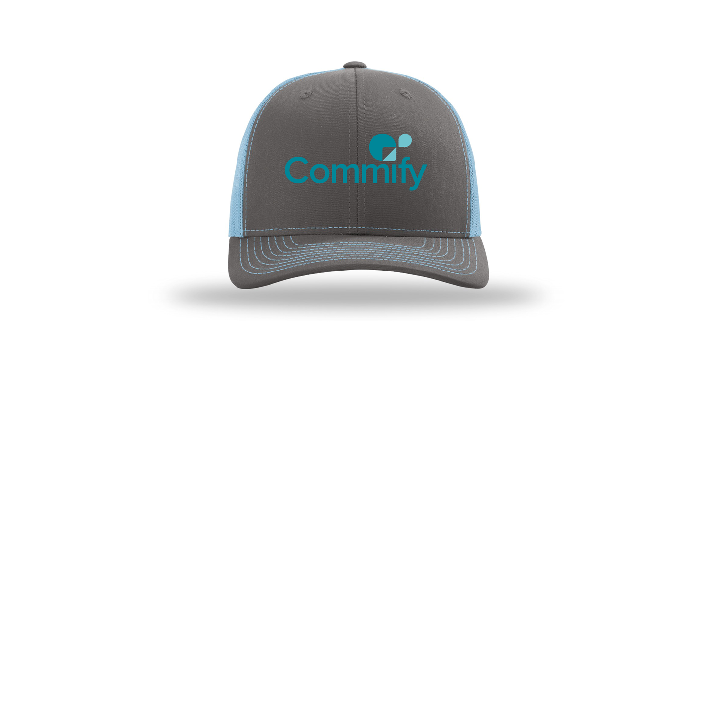 commify-richardson-trucker-cap-embroidery-capfront-R112-charcoalcolumbiablue-flat-front