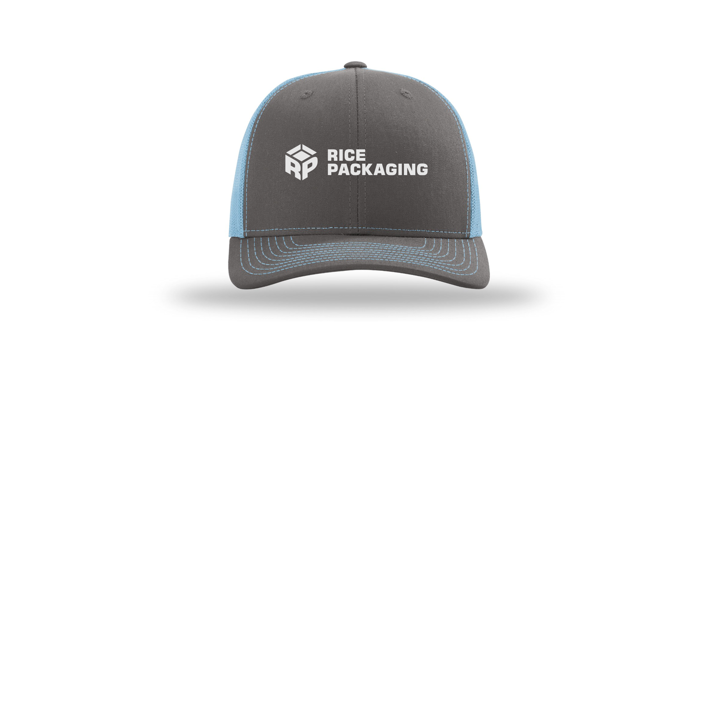 ricepackaging-richardson-trucker-cap-embroidery-capfront-R112-charcoalcolumbiablue-flat-front