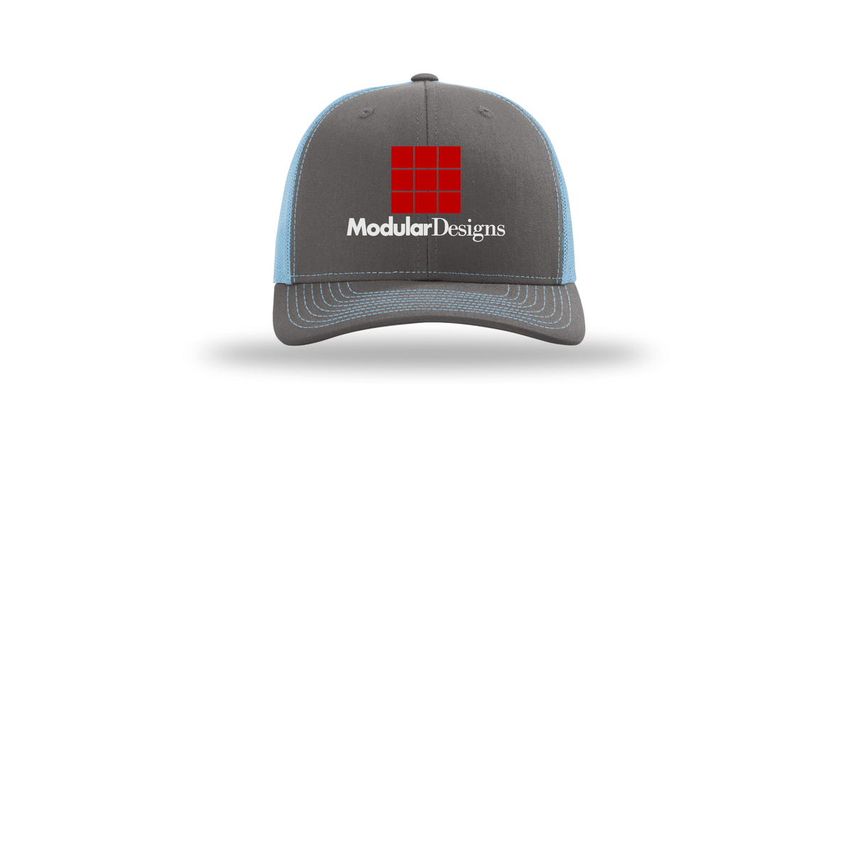 modulardesignsflooring-richardson-trucker-cap-embroidery-capfront-R112-charcoalcolumbiablue-flat-front