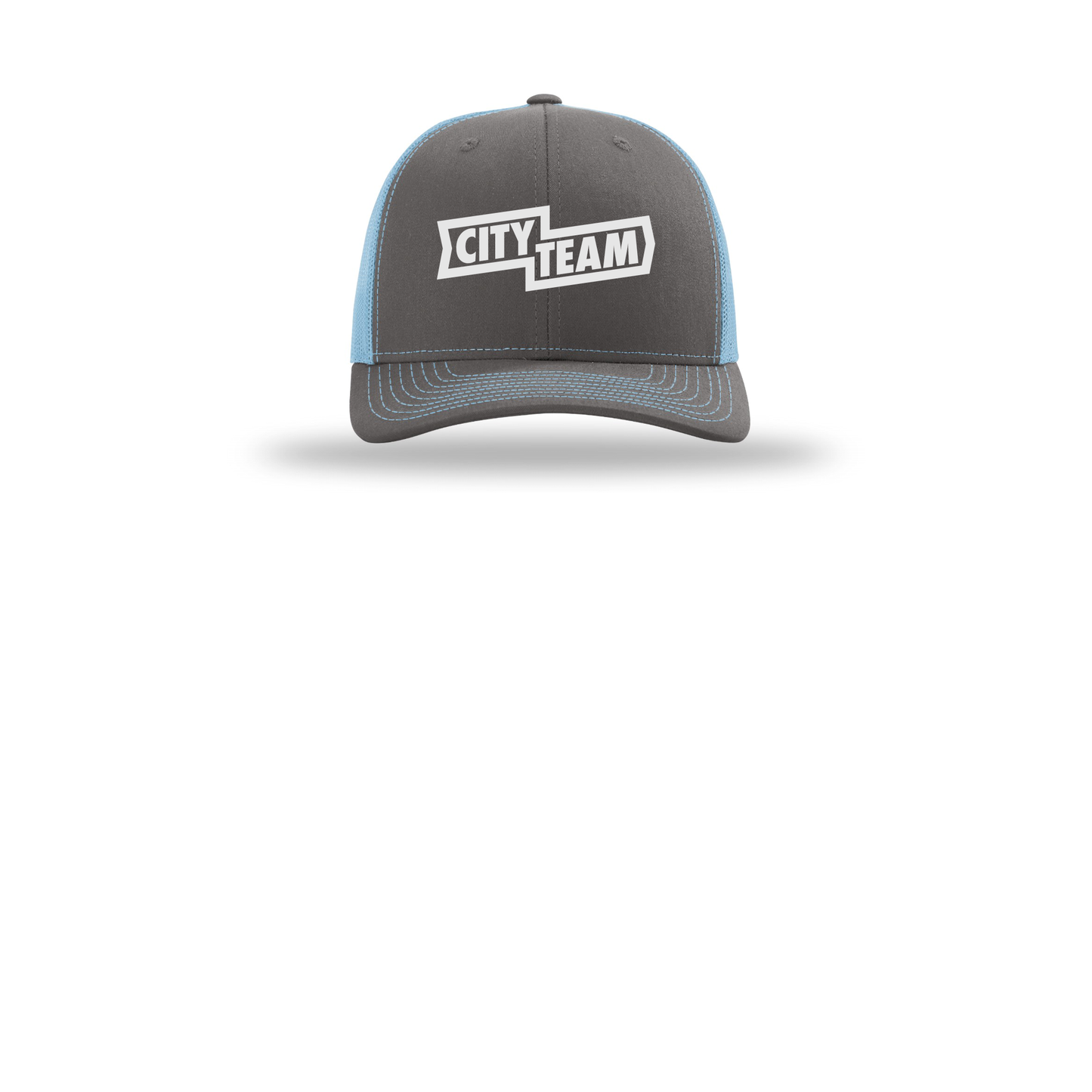 cityteam-richardson-trucker-cap-embroidery-capfront-R112-charcoalcolumbiablue-flat-front