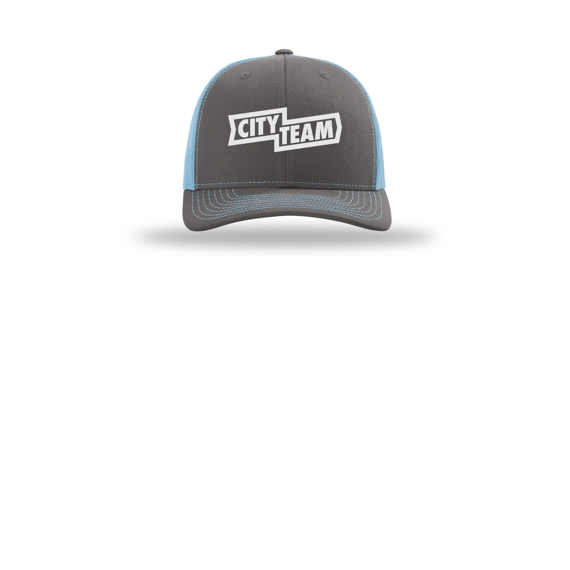 cityteam-richardson-trucker-cap-embroidery-capfront-R112-charcoalcolumbiablue-flat-front