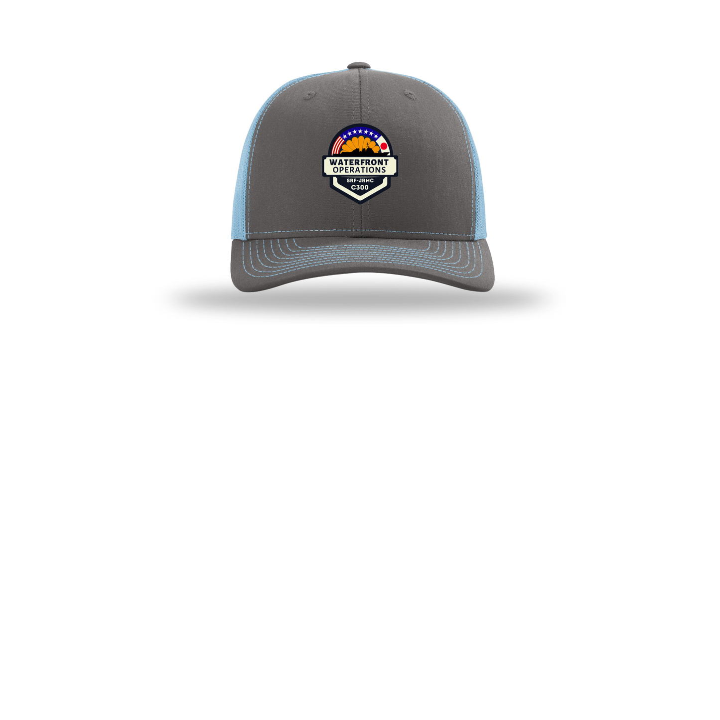 waterfront-operations-retro-trucker-cap-embroidery-capfront-R112-charcoalcolumbiablue-flat-front