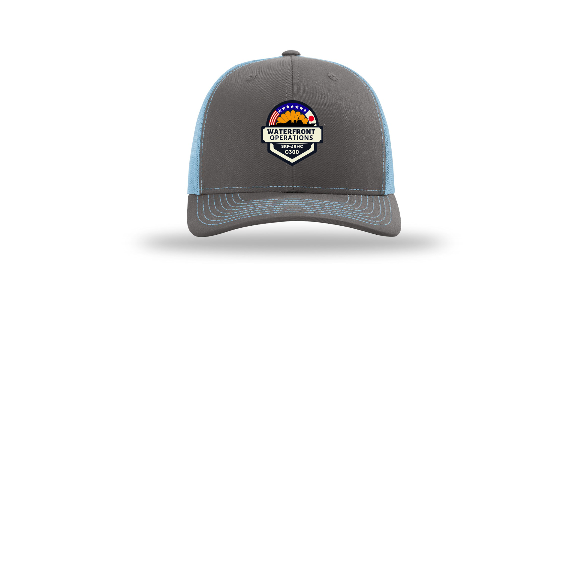 waterfront-operations-retro-trucker-cap-embroidery-capfront-R112-charcoalcolumbiablue-flat-front