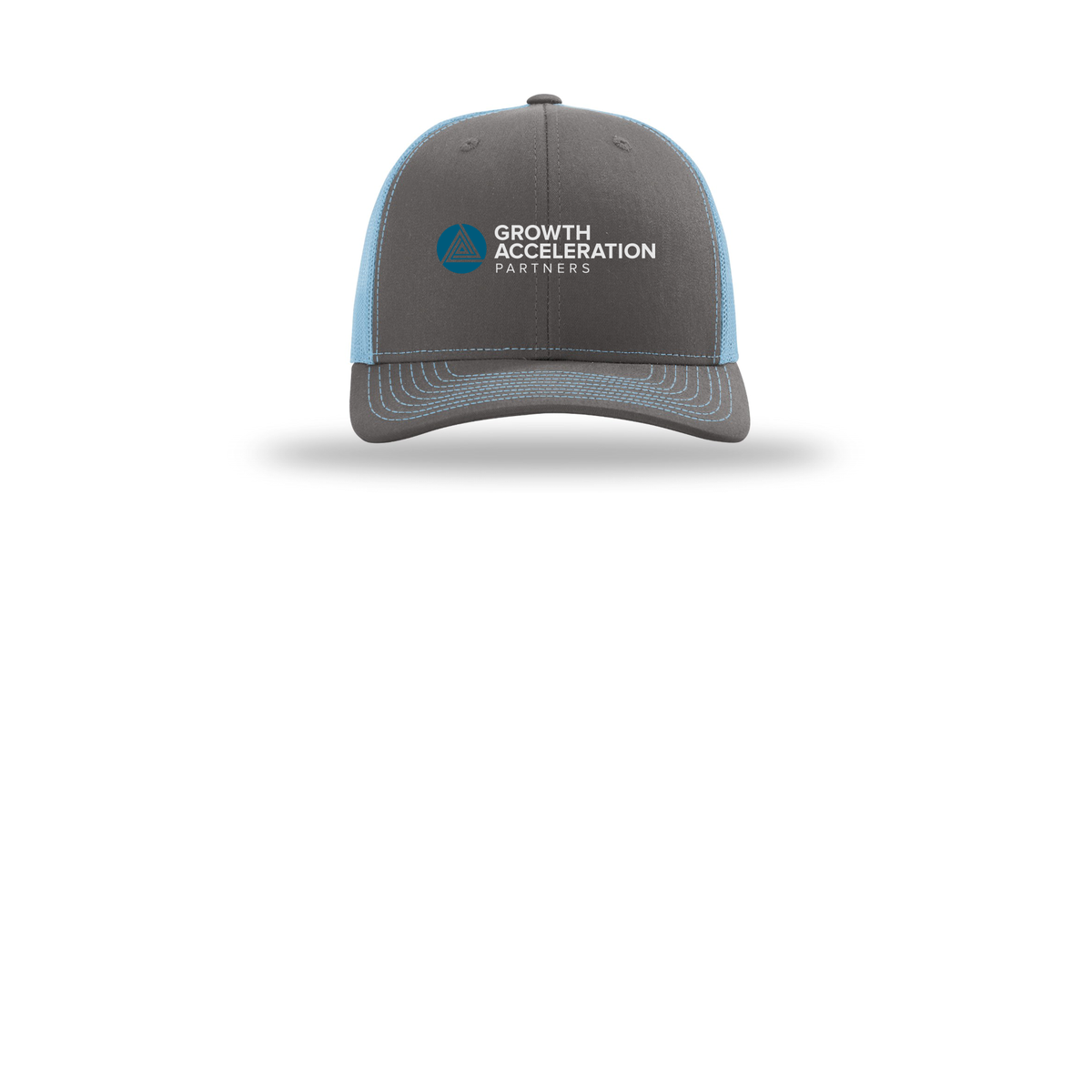 growthaccelerationpartners-richardson-trucker-cap-embroidery-capfront-R112-charcoalcolumbiablue-flat-front