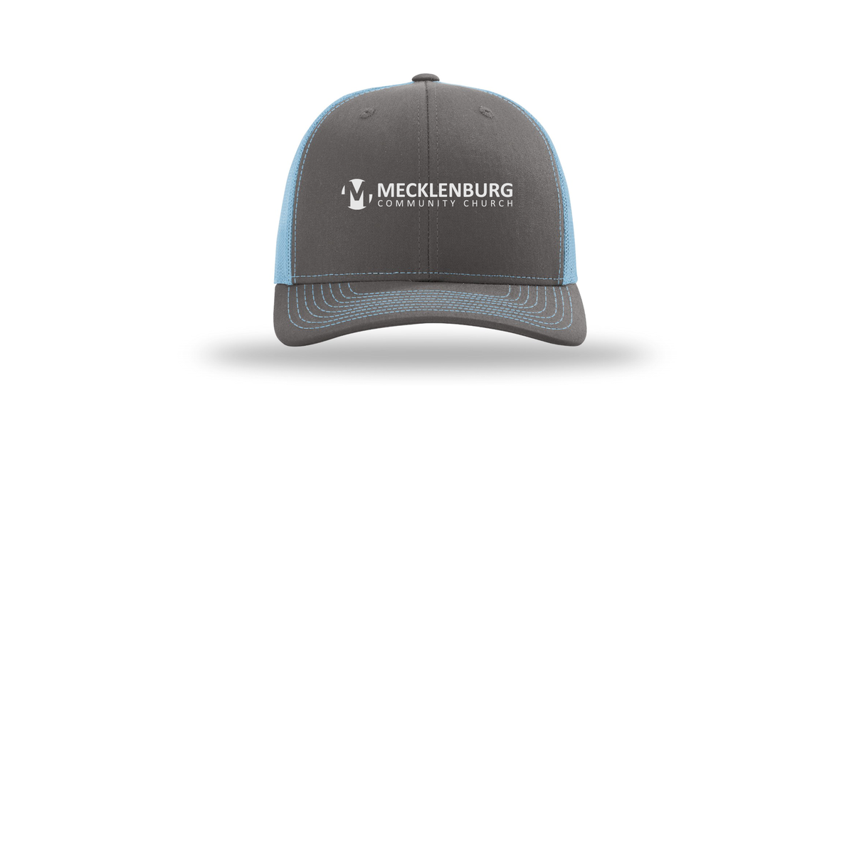 mecklenburg-richardson-trucker-cap-embroidery-capfront-R112-charcoalcolumbiablue-flat-front