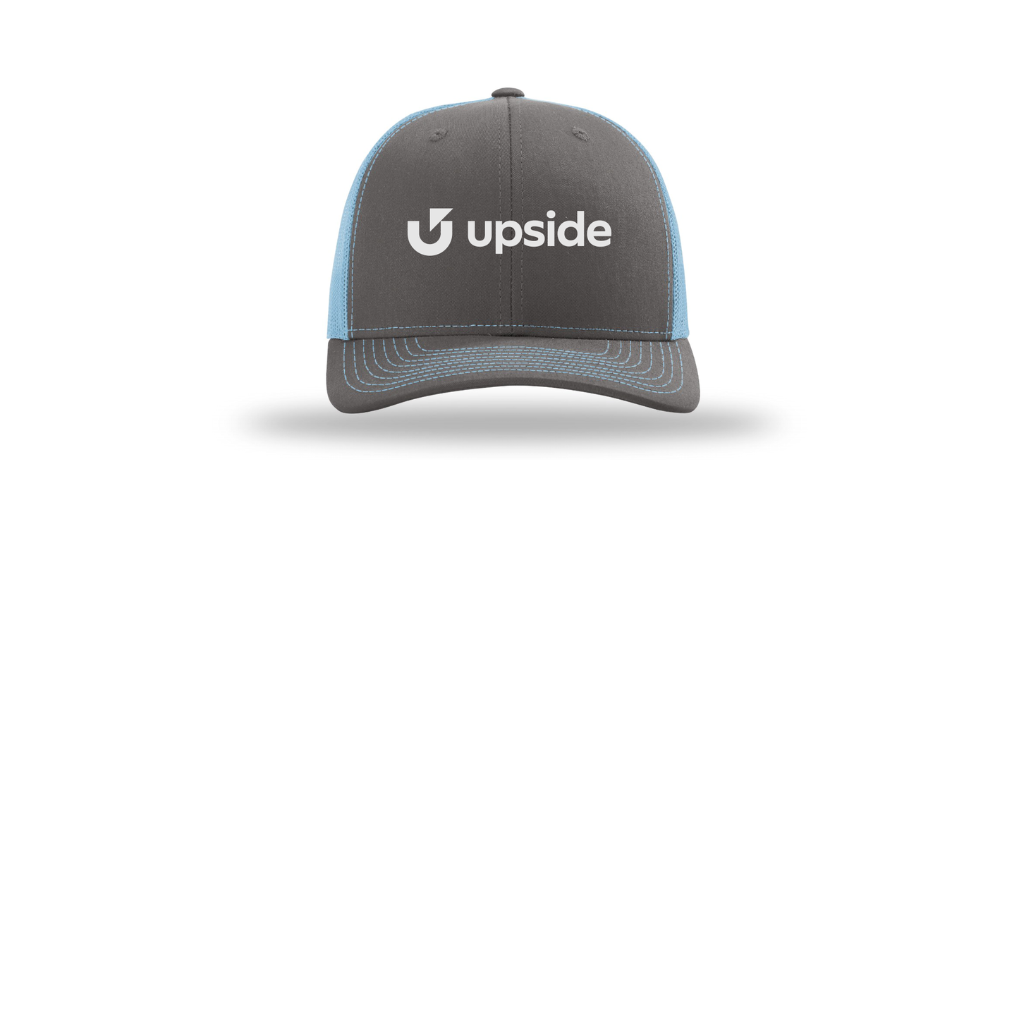 upside-richardson-trucker-cap-embroidery-capfront-R112-charcoalcolumbiablue-flat-front