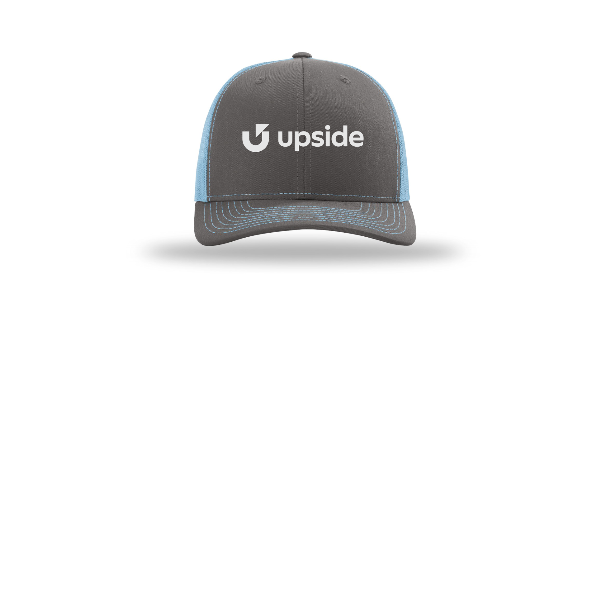 upside-richardson-trucker-cap-embroidery-capfront-R112-charcoalcolumbiablue-flat-front