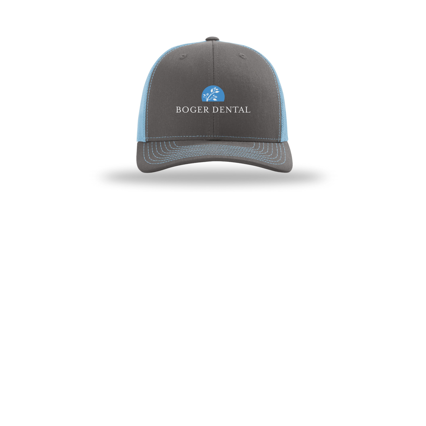boger-dental-richardson-trucker-cap-embroidery-capfront-R112-charcoalcolumbiablue-flat-front