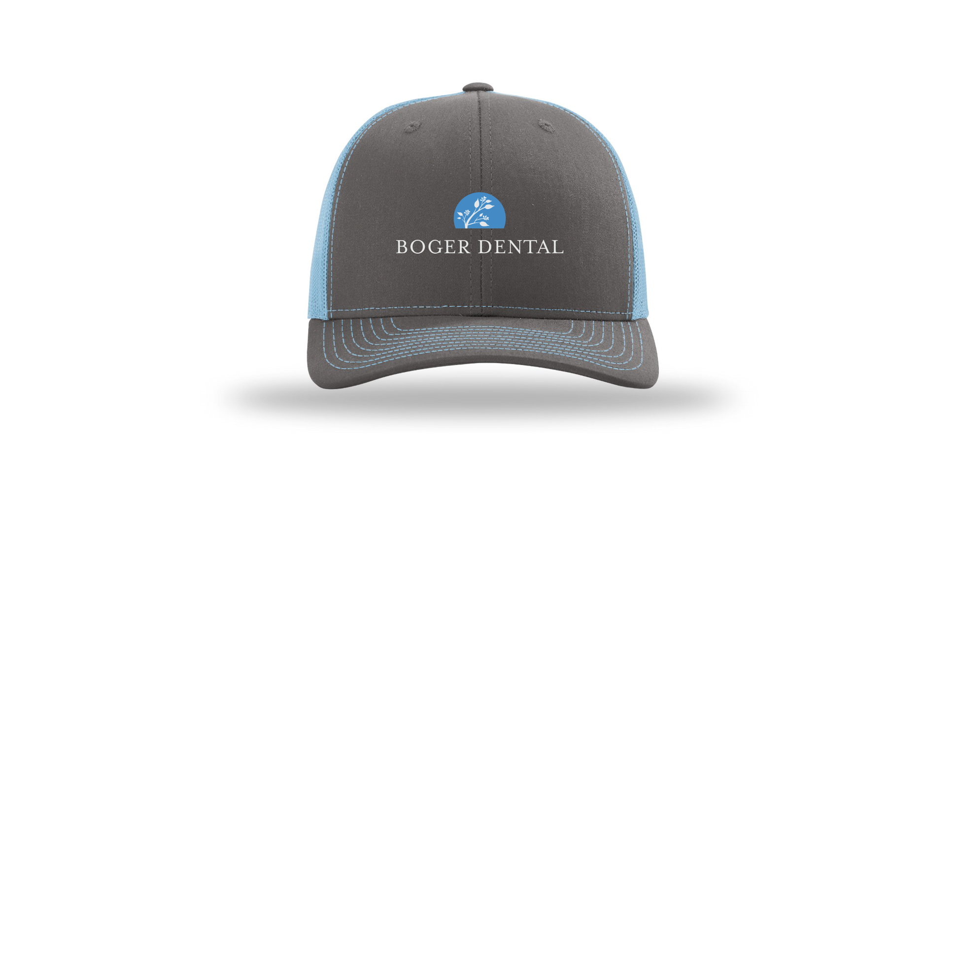 boger-dental-richardson-trucker-cap-embroidery-capfront-R112-charcoalcolumbiablue-flat-front