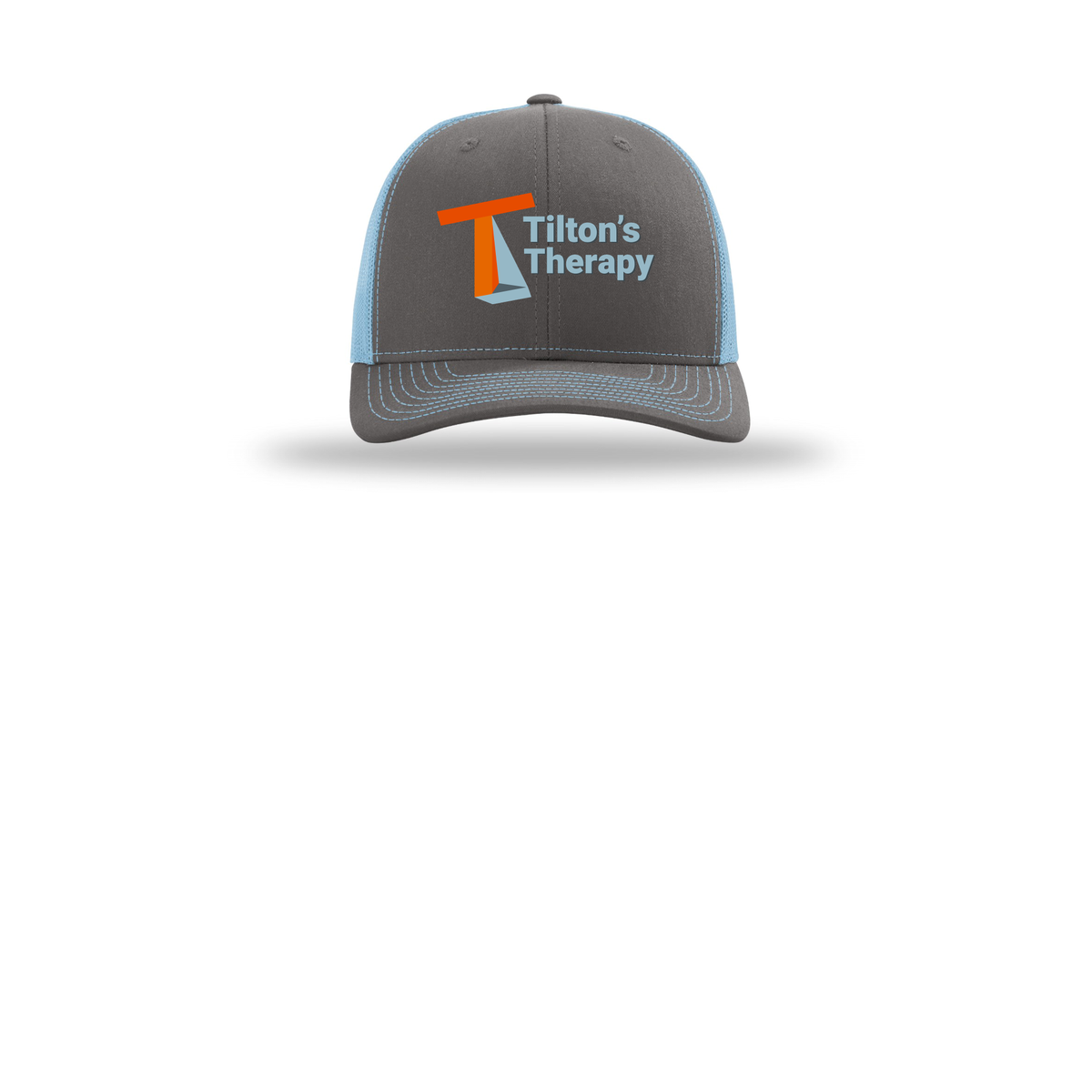 tiltonstherapy-richardson-trucker-cap-embroidery-capfront-R112-charcoalcolumbiablue-flat-front