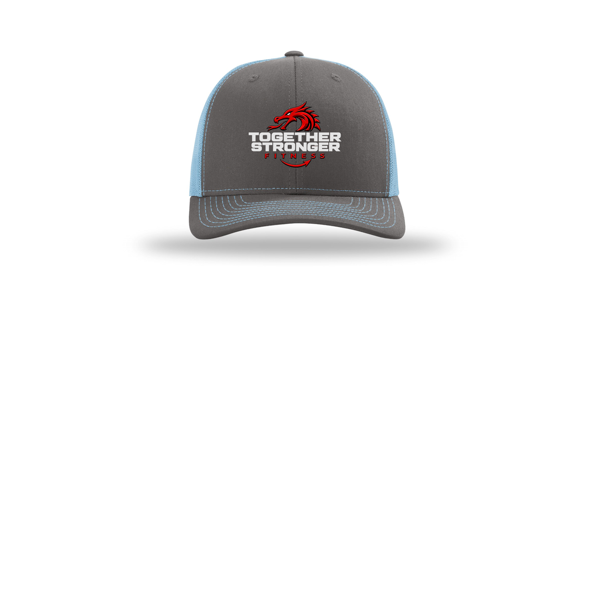 togetherstrongerfitness-richardson-trucker-cap-embroidery-capfront-R112-charcoalcolumbiablue-flat-front