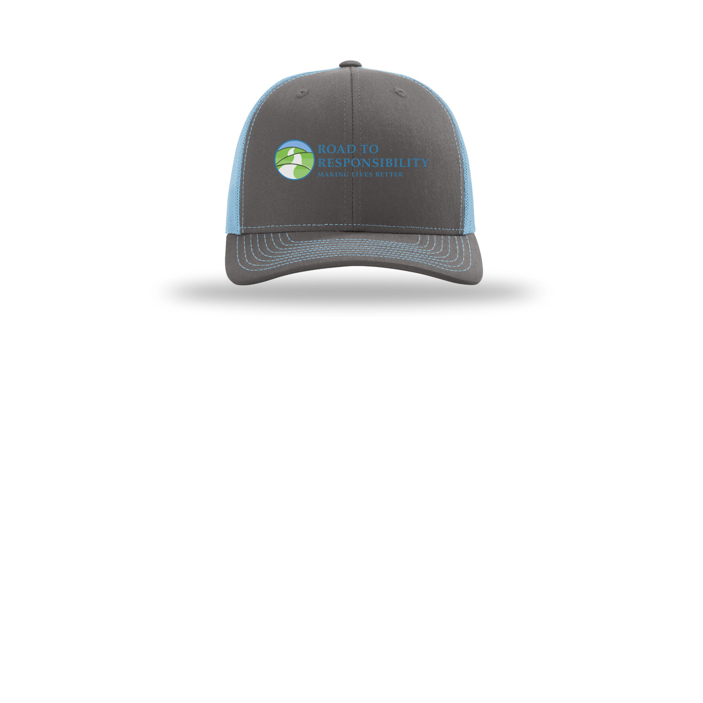 roadtoresponsibility-richardson-trucker-cap-embroidery-capfront-R112-charcoalcolumbiablue-flat-front