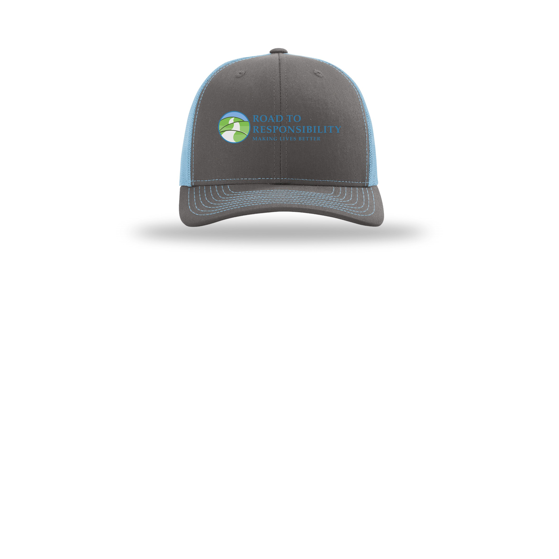 roadtoresponsibility-richardson-trucker-cap-embroidery-capfront-R112-charcoalcolumbiablue-flat-front