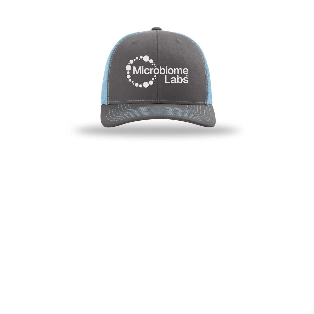 microbiomelabs-richardson-trucker-cap-embroidery-capfront-R112-charcoalcolumbiablue-flat-front