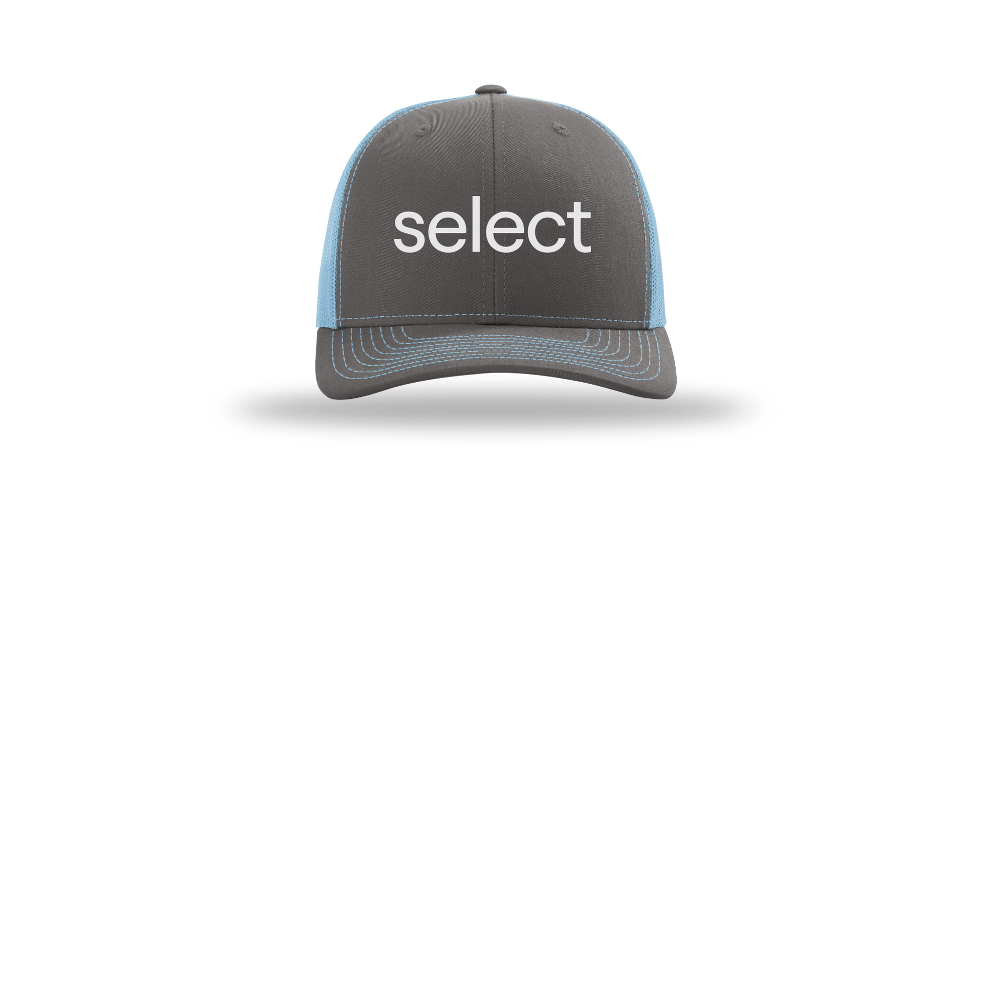 meetselect-richardson-trucker-cap-embroidery-capfront-R112-charcoalcolumbiablue-flat-front