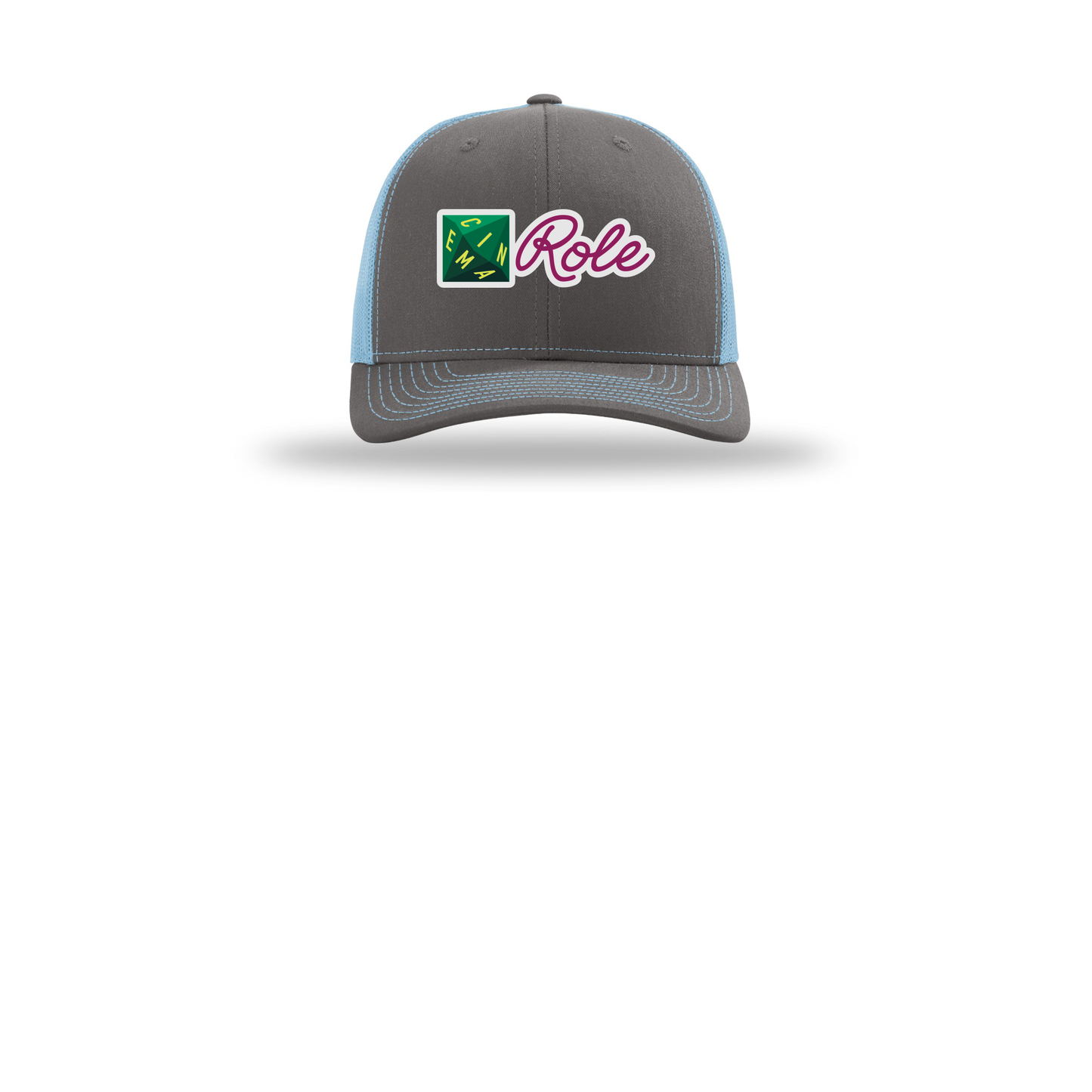 cinemarole-richardson-trucker-cap-embroidery-capfront-R112-charcoalcolumbiablue-flat-front