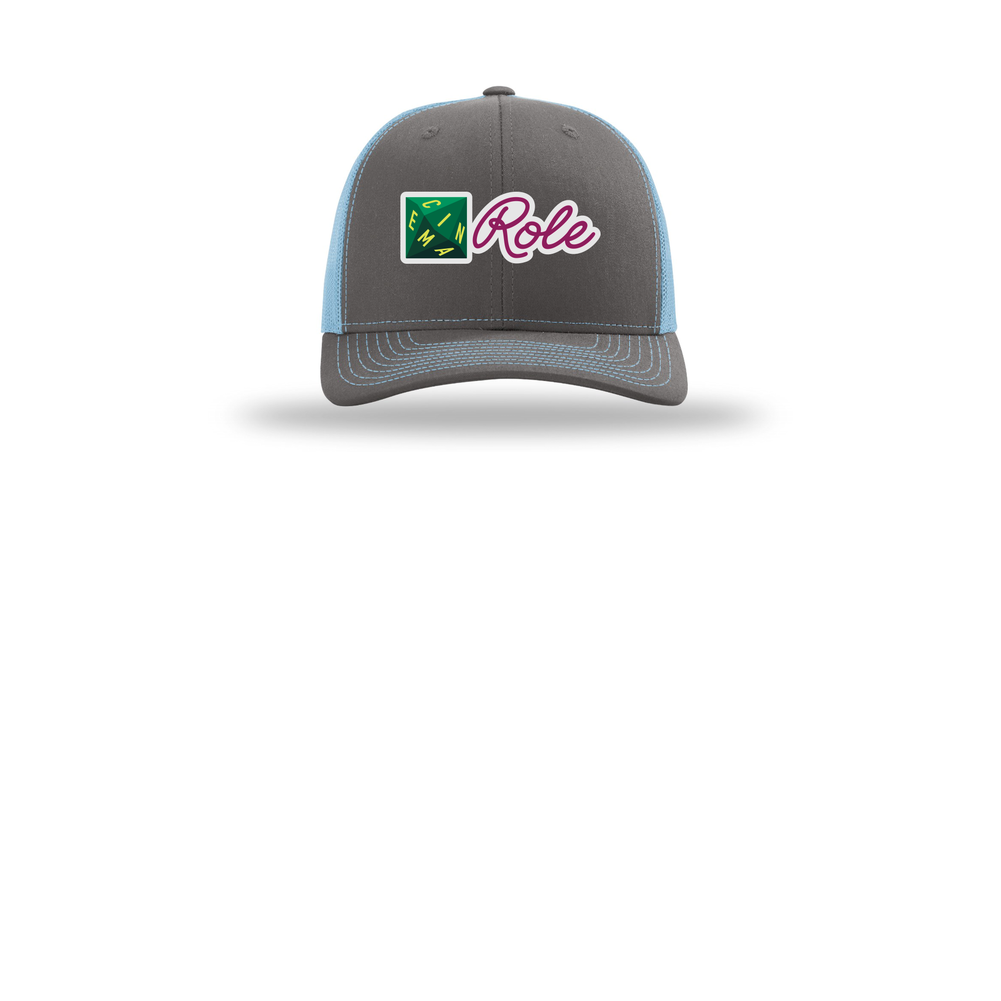 cinemarole-richardson-trucker-cap-embroidery-capfront-R112-charcoalcolumbiablue-flat-front