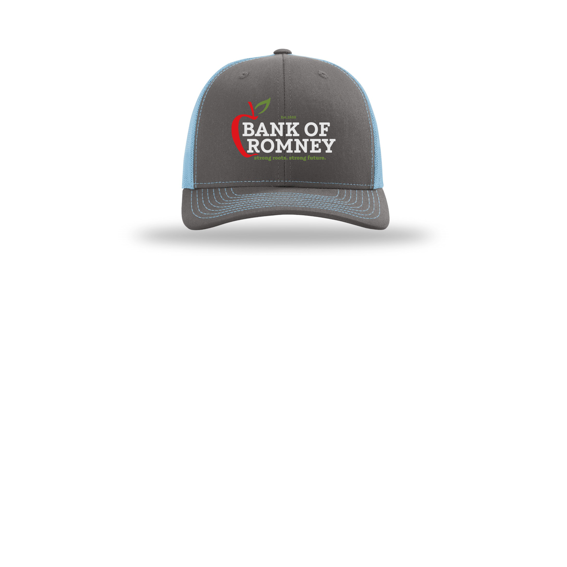 bankofromney-richardson-trucker-cap-embroidery-capfront-R112-charcoalcolumbiablue-flat-front