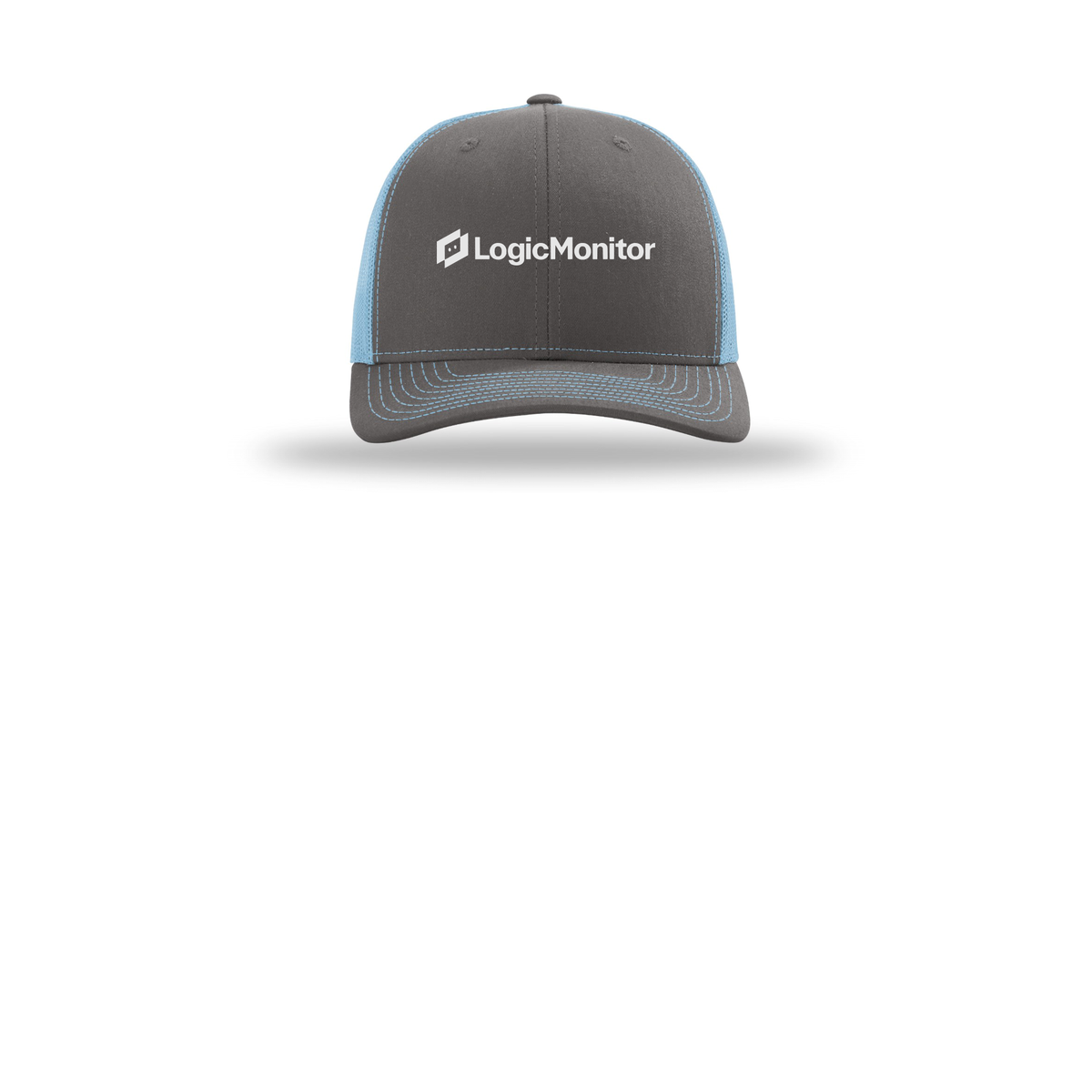 logicmonitor-richardson-trucker-cap-embroidery-capfront-R112-charcoalcolumbiablue-flat-front