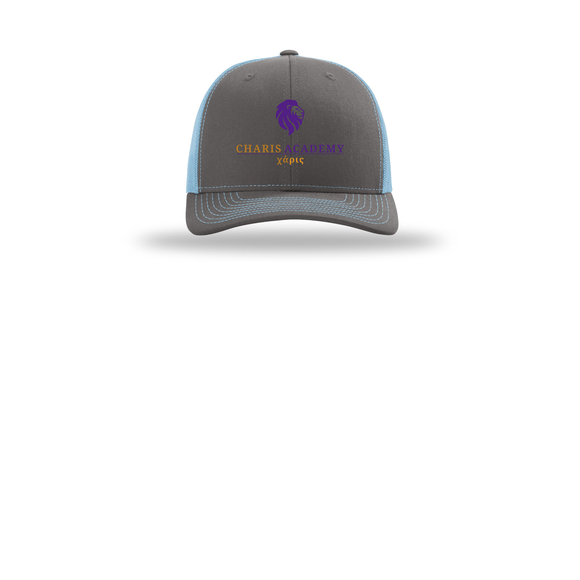 cahazleton-richardson-trucker-cap-embroidery-capfront-R112-charcoalcolumbiablue-flat-front