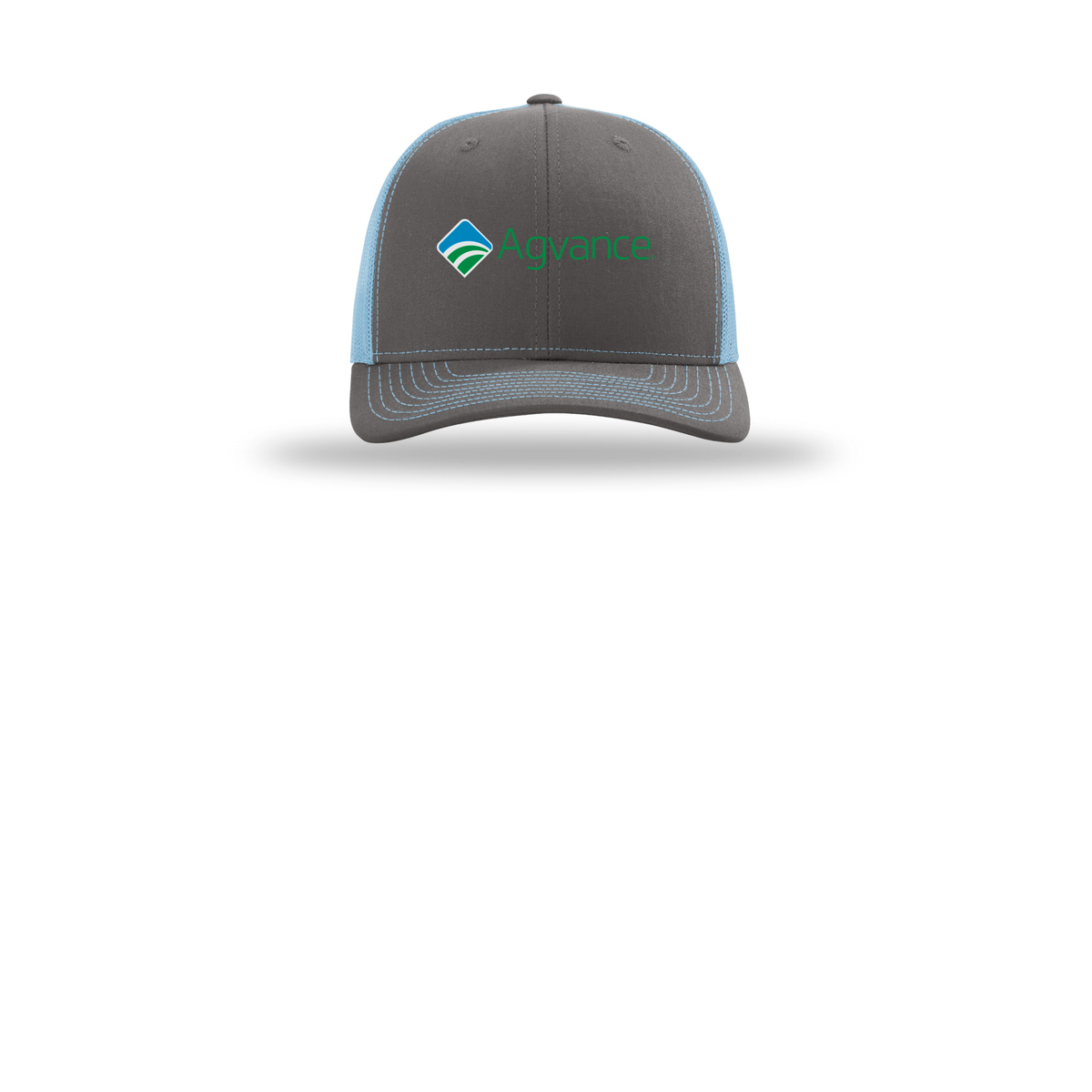 agvance-richardson-trucker-cap-embroidery-capfront-R112-charcoalcolumbiablue-flat-front