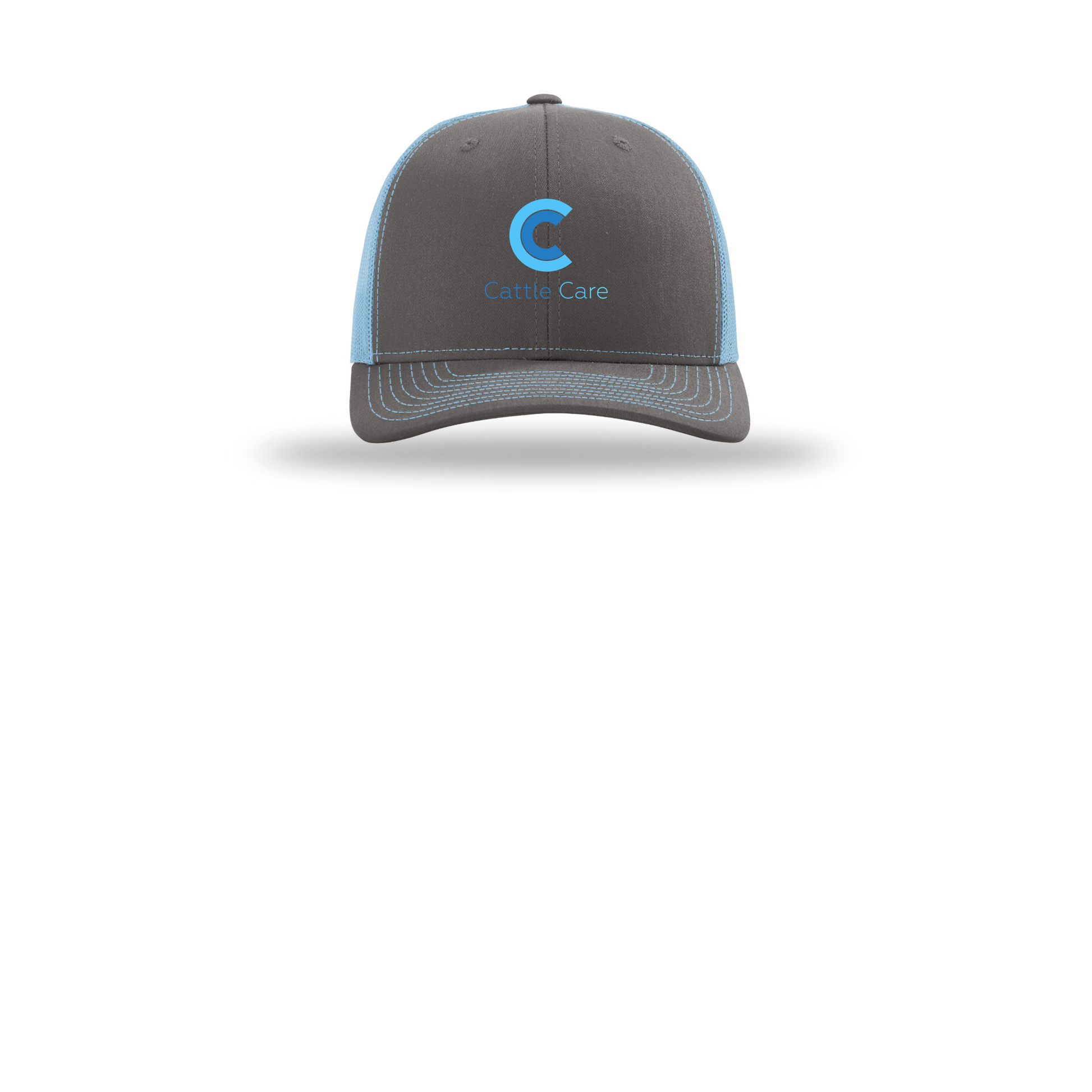 cattle-care-richardson-trucker-cap-embroidery-capfront-R112-charcoalcolumbiablue-flat-front