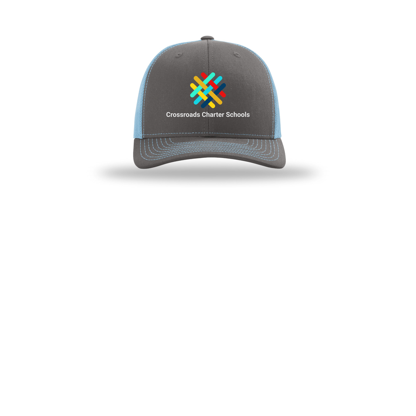 crossroadsschoolskc-richardson-trucker-cap-embroidery-capfront-R112-charcoalcolumbiablue-flat-front
