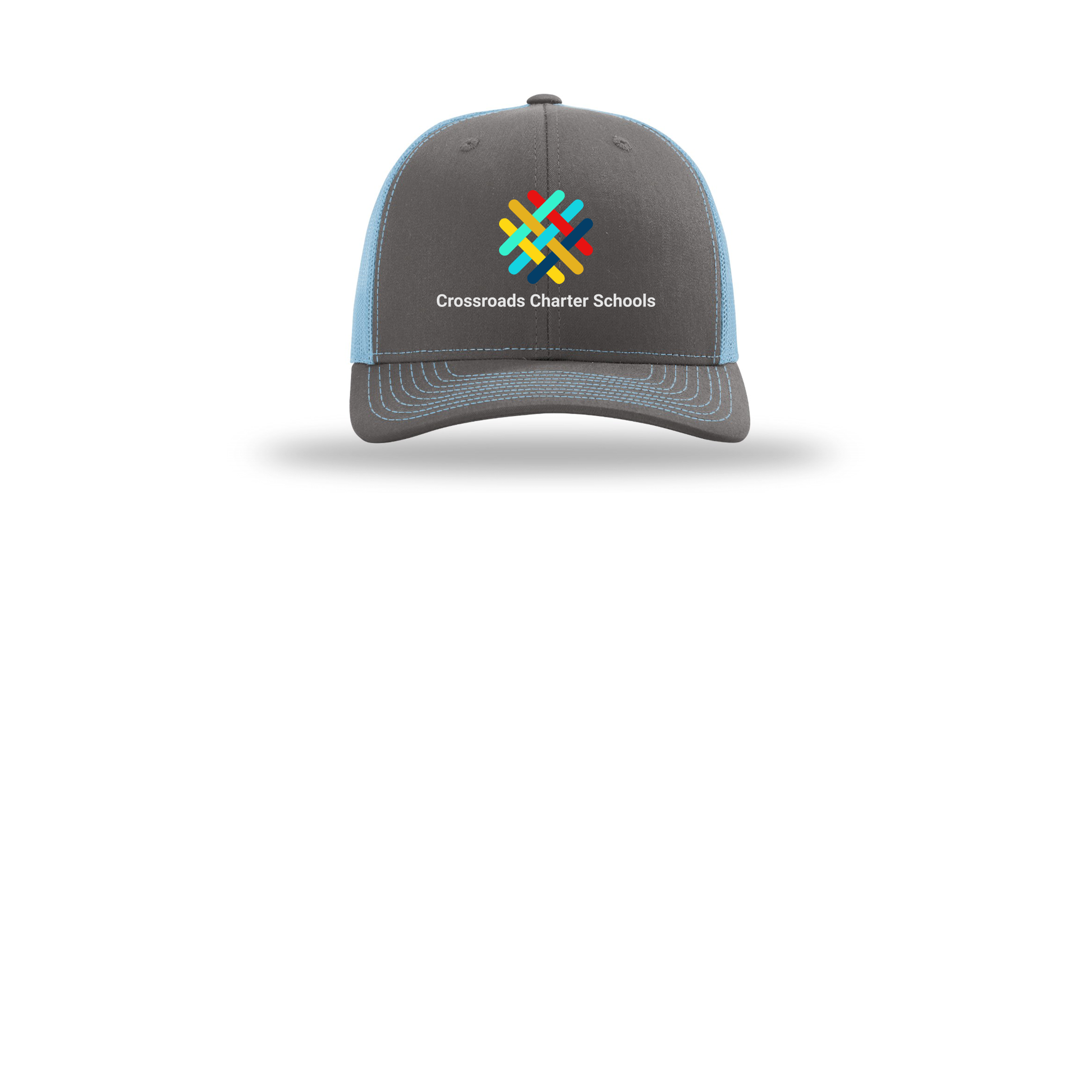 crossroadsschoolskc-richardson-trucker-cap-embroidery-capfront-R112-charcoalcolumbiablue-flat-front