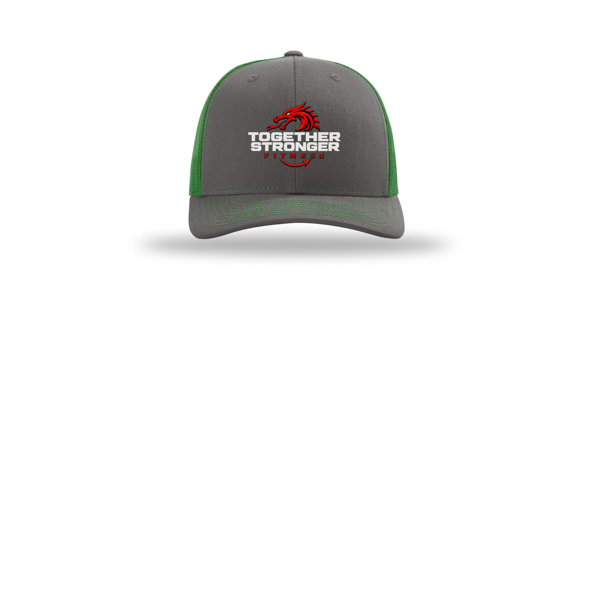 togetherstrongerfitness-richardson-trucker-cap-embroidery-capfront-R112-charcoalkelly-flat-front