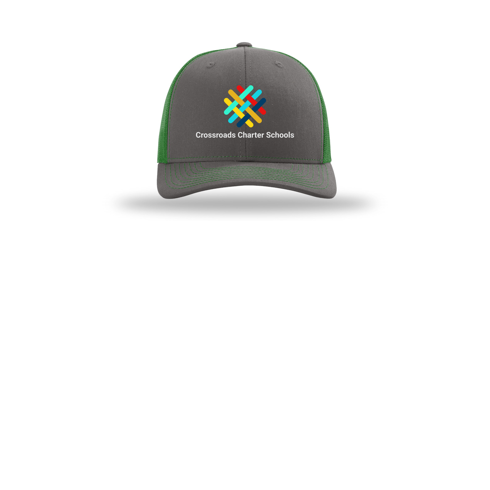 crossroadsschoolskc-richardson-trucker-cap-embroidery-capfront-R112-charcoalkelly-flat-front