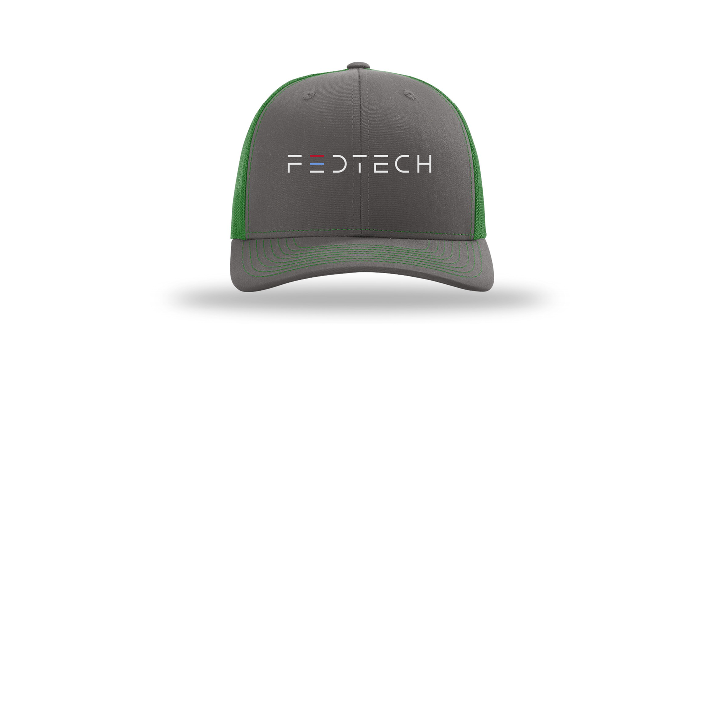 fedtech-richardson-trucker-cap-embroidery-capfront-R112-charcoalkelly-flat-front
