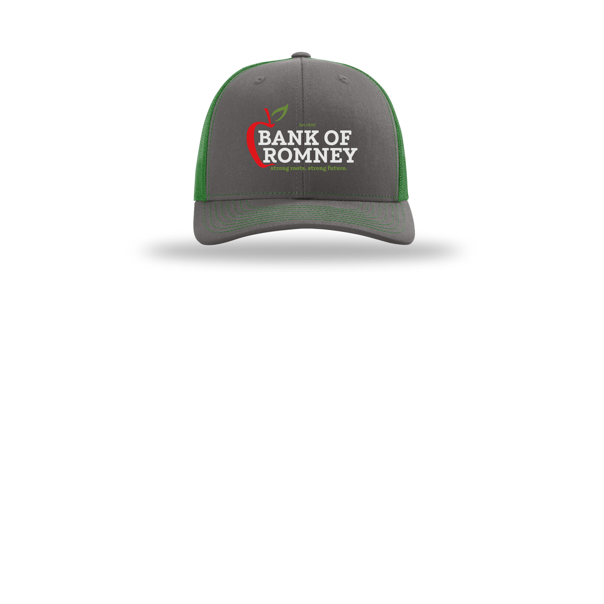 bankofromney-richardson-trucker-cap-embroidery-capfront-R112-charcoalkelly-flat-front
