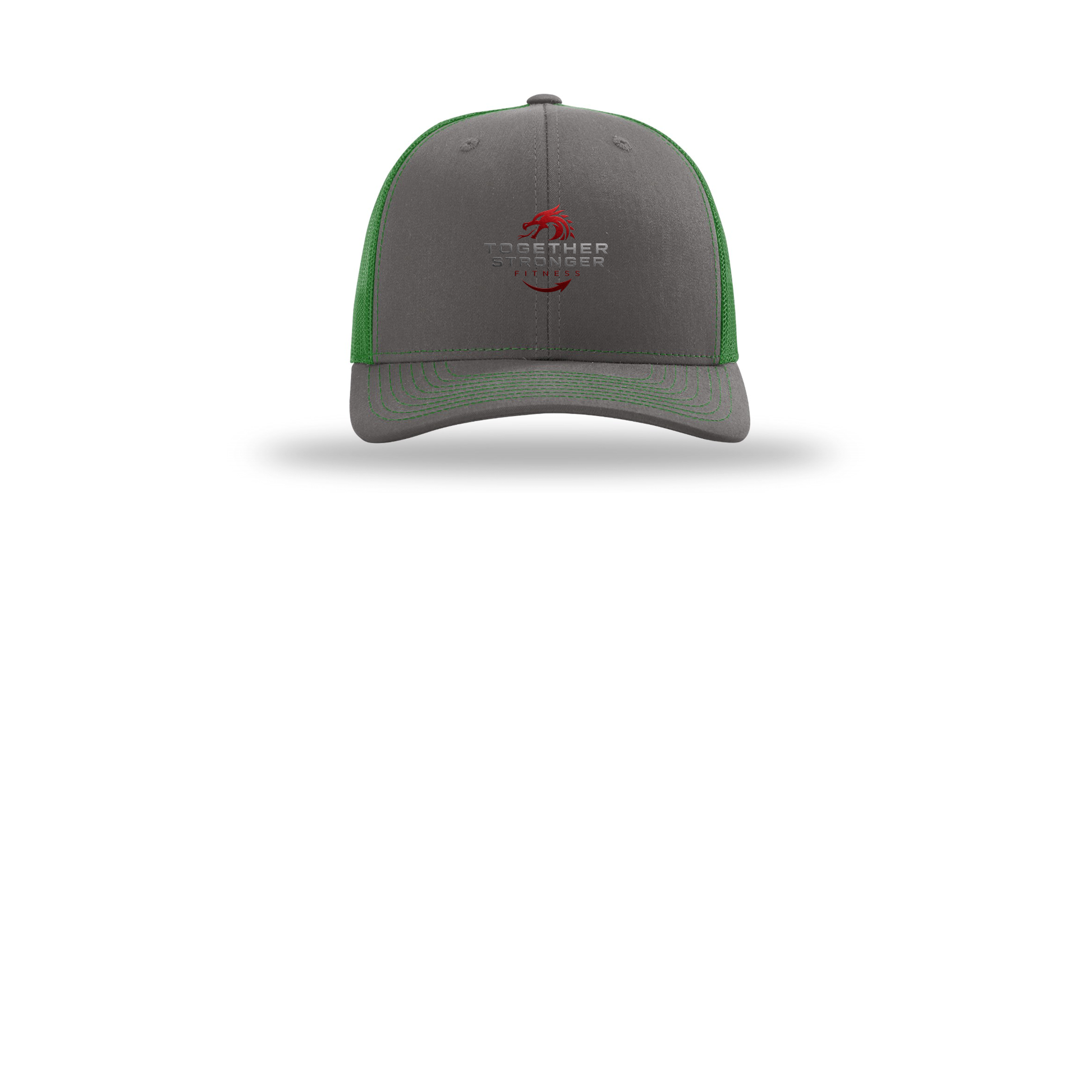 togetherstrongerfitness-richardson-trucker-cap-embroidery-capfront-R112-charcoalkelly-flat-front