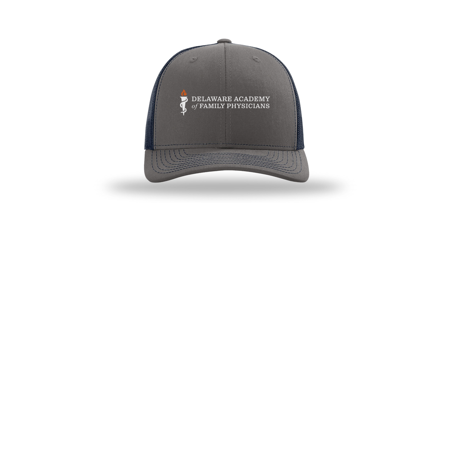 delfamdoc-richardson-trucker-cap-embroidery-capfront-R112-charcoalnavy-flat-front