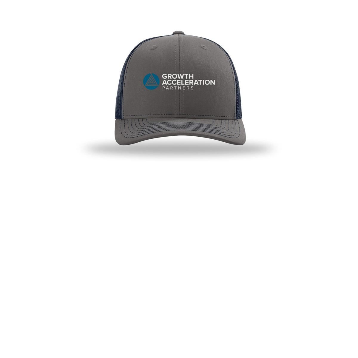 growthaccelerationpartners-richardson-trucker-cap-embroidery-capfront-R112-charcoalnavy-flat-front