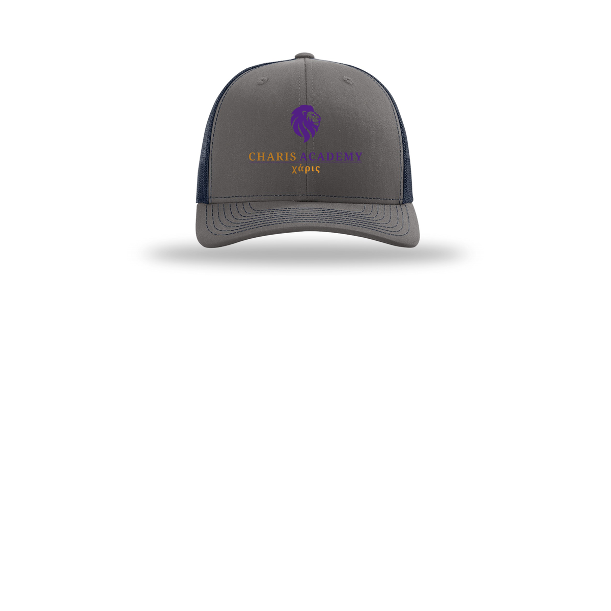 cahazleton-richardson-trucker-cap-embroidery-capfront-R112-charcoalnavy-flat-front