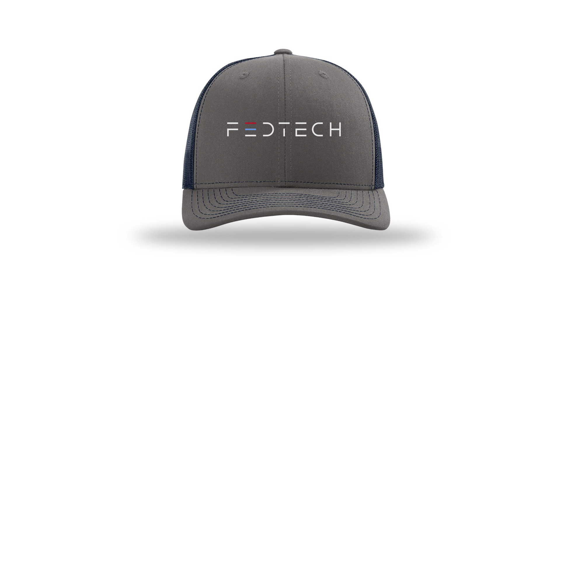 fedtech-richardson-trucker-cap-embroidery-capfront-R112-charcoalnavy-flat-front